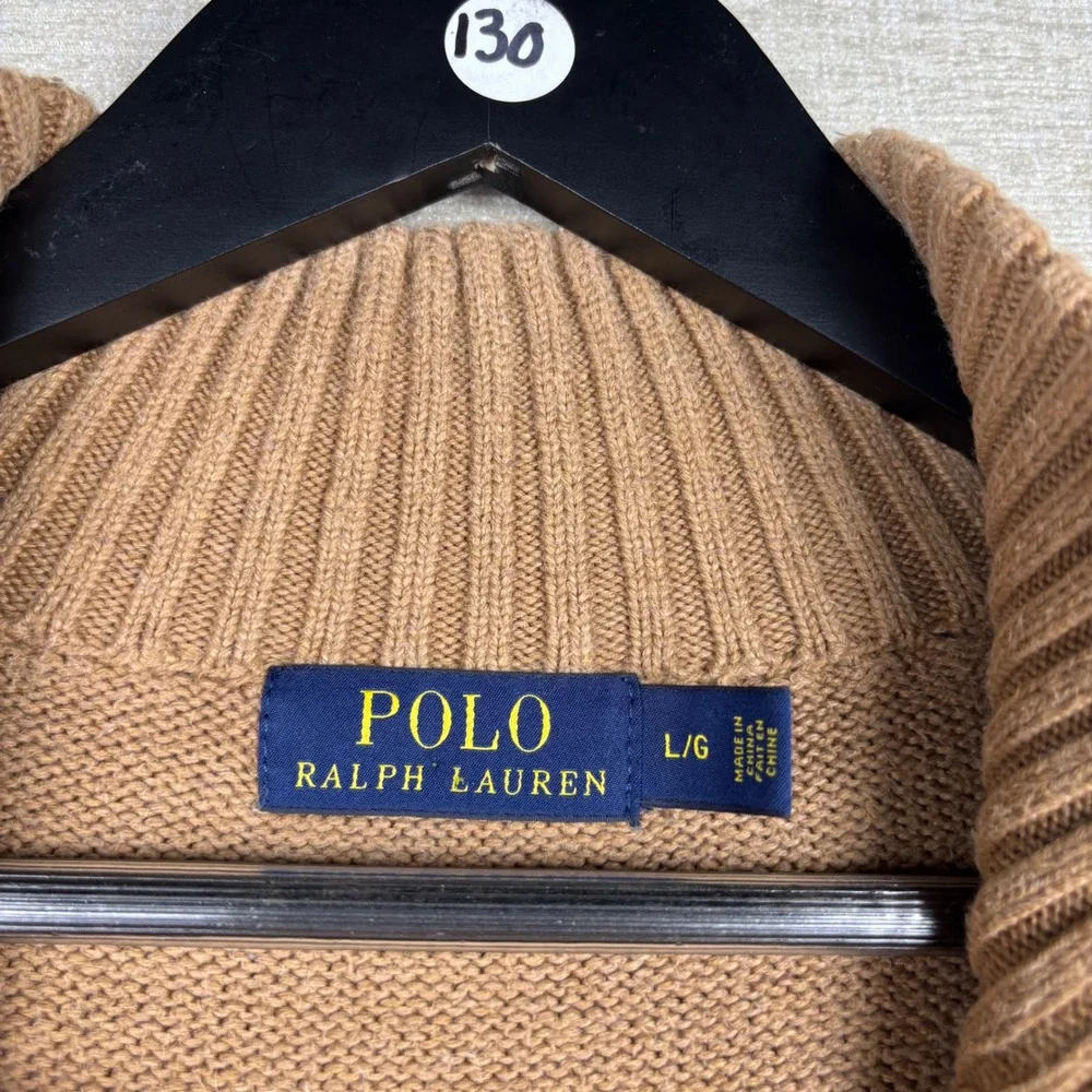 Polo Ralph Lauren Men Tan Brown Button Mock Neck Pony Logo Knit Sweater Large